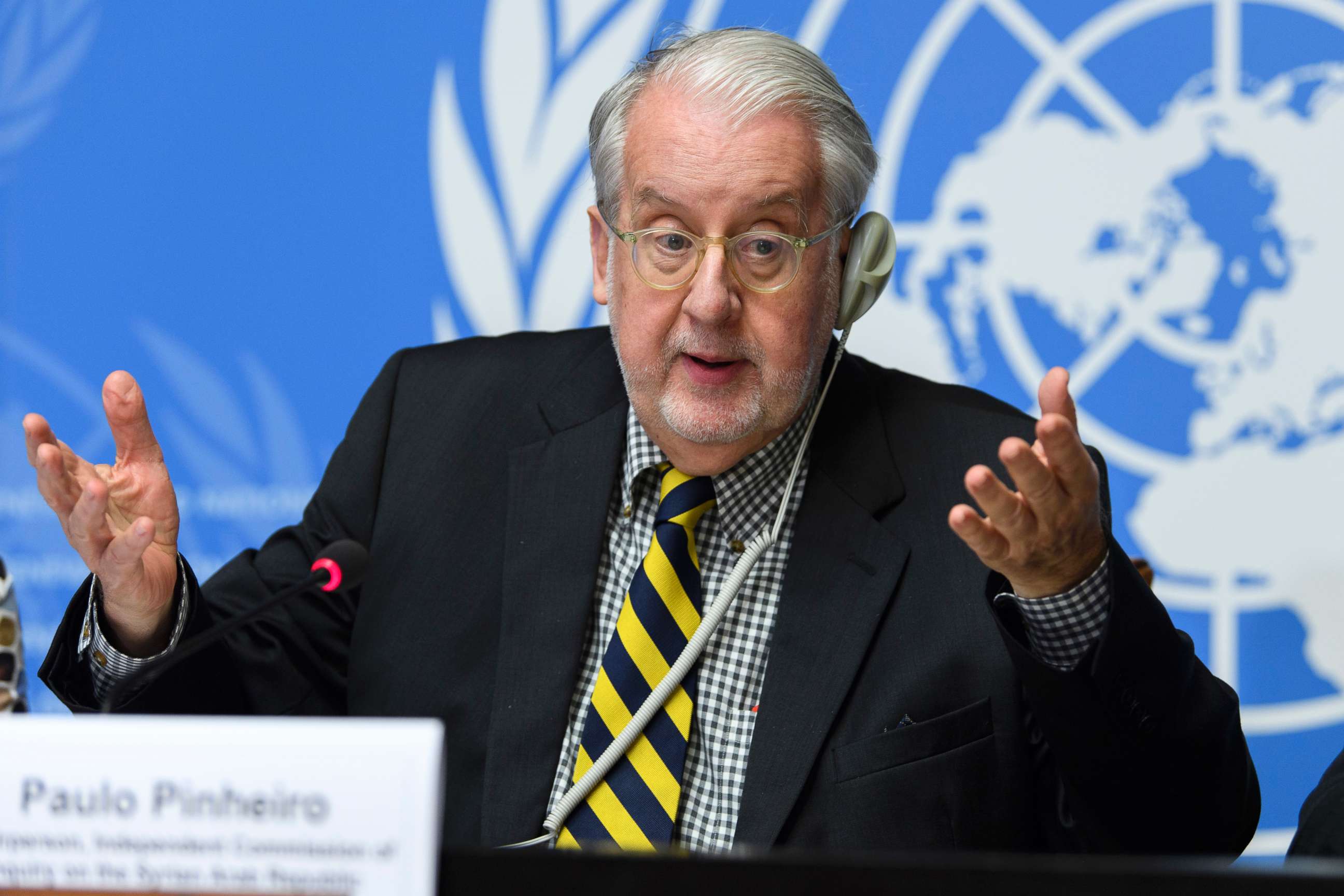 PHOTO: Brazilian Paulo Sergio Pinheiro, Chairperson of the Commission of Inquiry on Syria, during a press conference at the European headquarters of the United Nations in Geneva, Switzerland, Sept. 6, 2017. 
