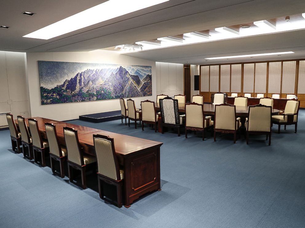 PHOTO: This photo provided by South Korea Presidential Blue House on April 25, 2018, shows a meeting room for the April 27, 2018 summit between South and North Korea at the Peace House in Panmunjom, South Korea.