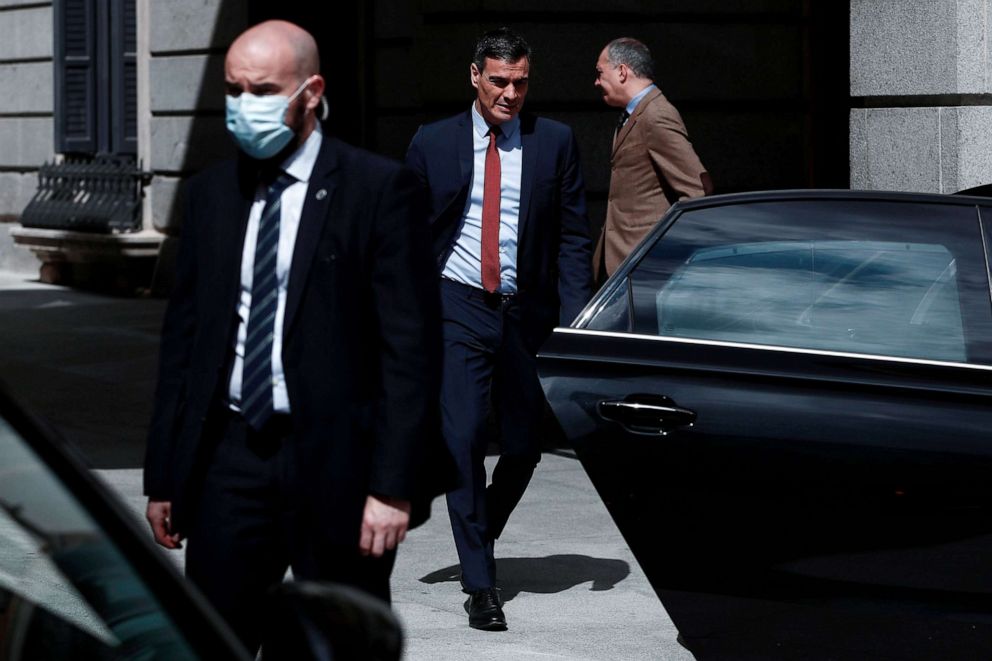 PHOTO: Spanish Prime Minister Pedro Sanchez leaves after a session at the Lower Chamber of the Spanish Parliament in Madrid on April 22, 2020.