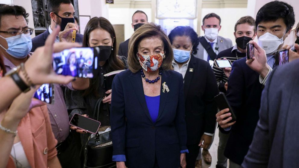 PHOTO: Speaker of the House Nancy Pelosi is surrounded by members of the media as she arrives at the U.S. Capitol on Oct. 01, 2021, in Washington.