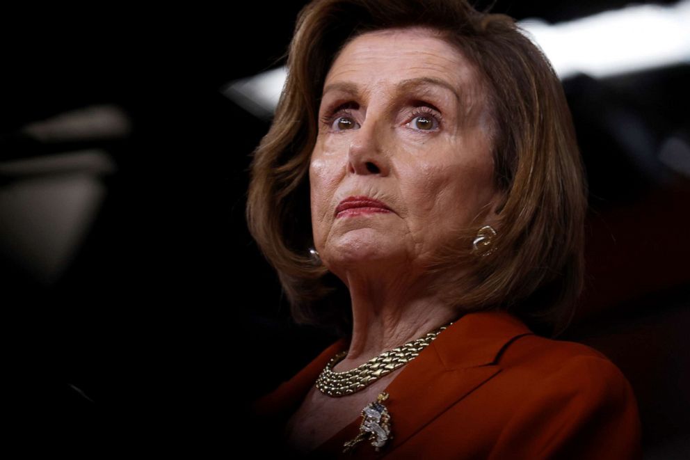 PHOTO: Speaker of the House Nancy Pelosi speaks to reporters minutes after the U.S. Supreme Court struck down Roe v Wade, which guaranteed a woman's right to an abortion, in the U.S. Capitol Visitors Center on June 24, 2022 in Washington.