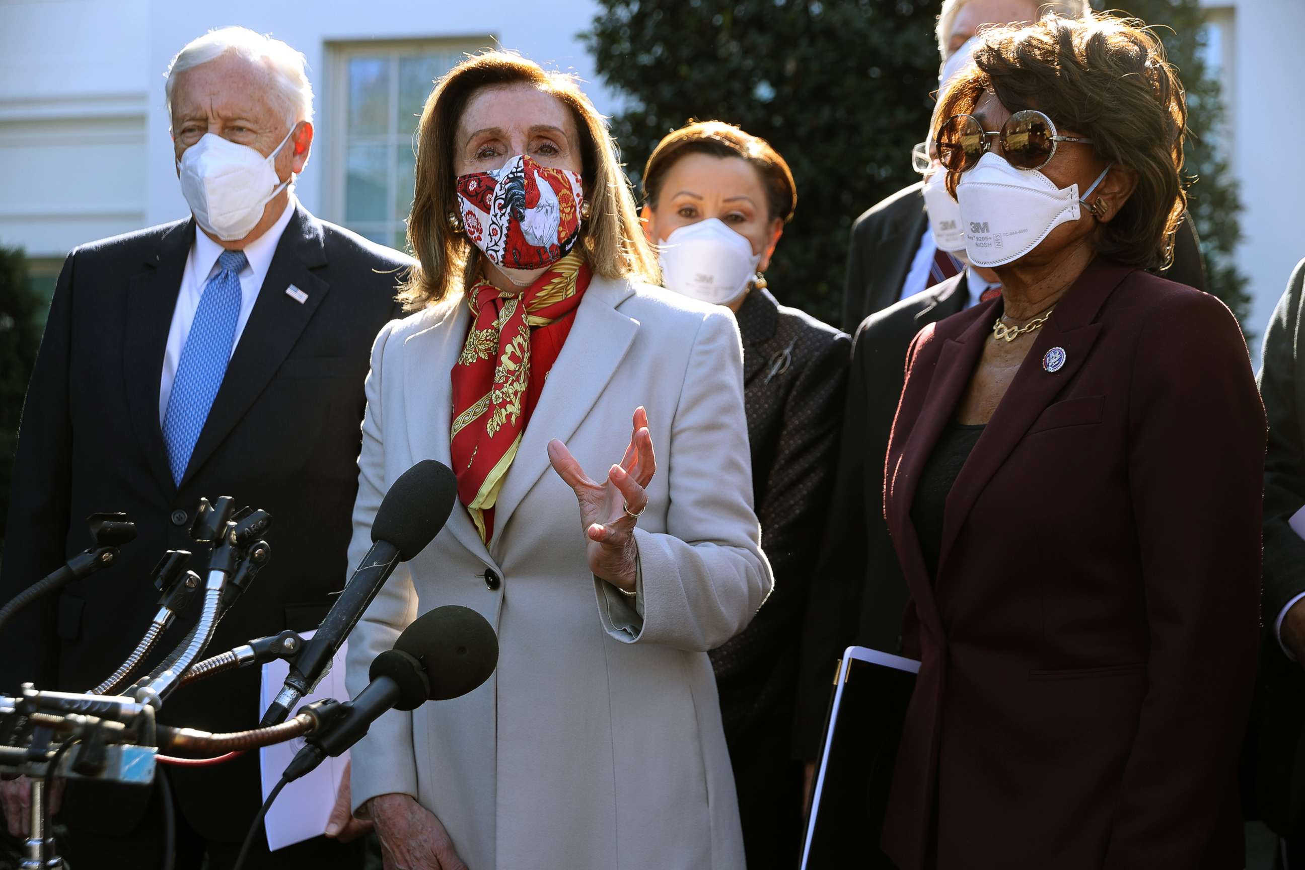 PHOTO: Speaker of the House Nancy Pelosi talks to reporters outside the West Wing after she and House Democratic leaders met with President Joe Biden to discuss coronavirus relief legislation at the White House, February 5, 2021, in Washington.