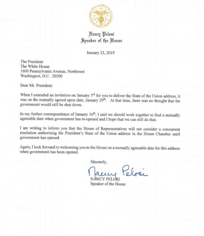 PHOTO: Speaker of the House Nancy Pelosi released this letter to President Trump on Jan. 23, 2019.