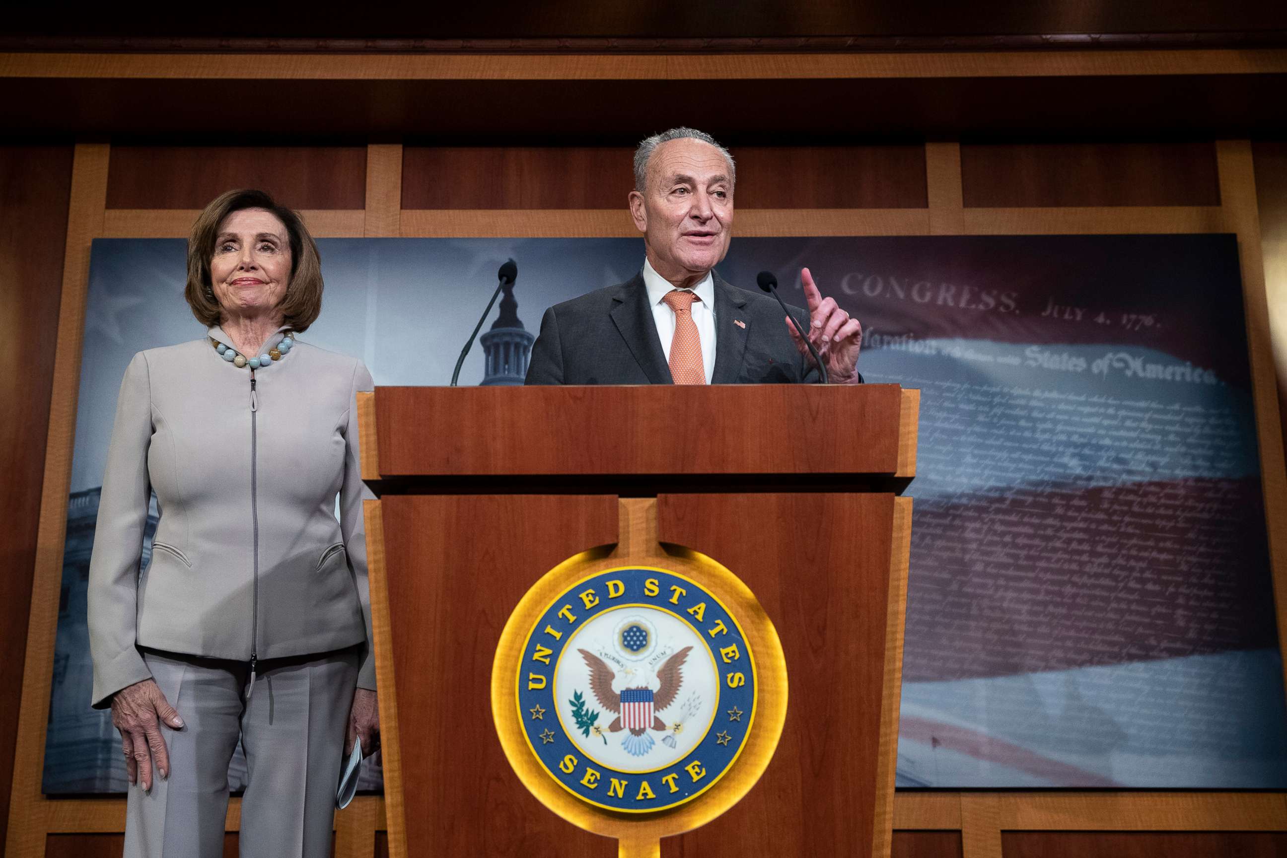 PHOTO: House Speaker Nancy Pelosi and Senate Minority Leader Chuck Schumer speak during a news conference, on Capitol Hill, Feb.11, 2020 in Washington, D.C.