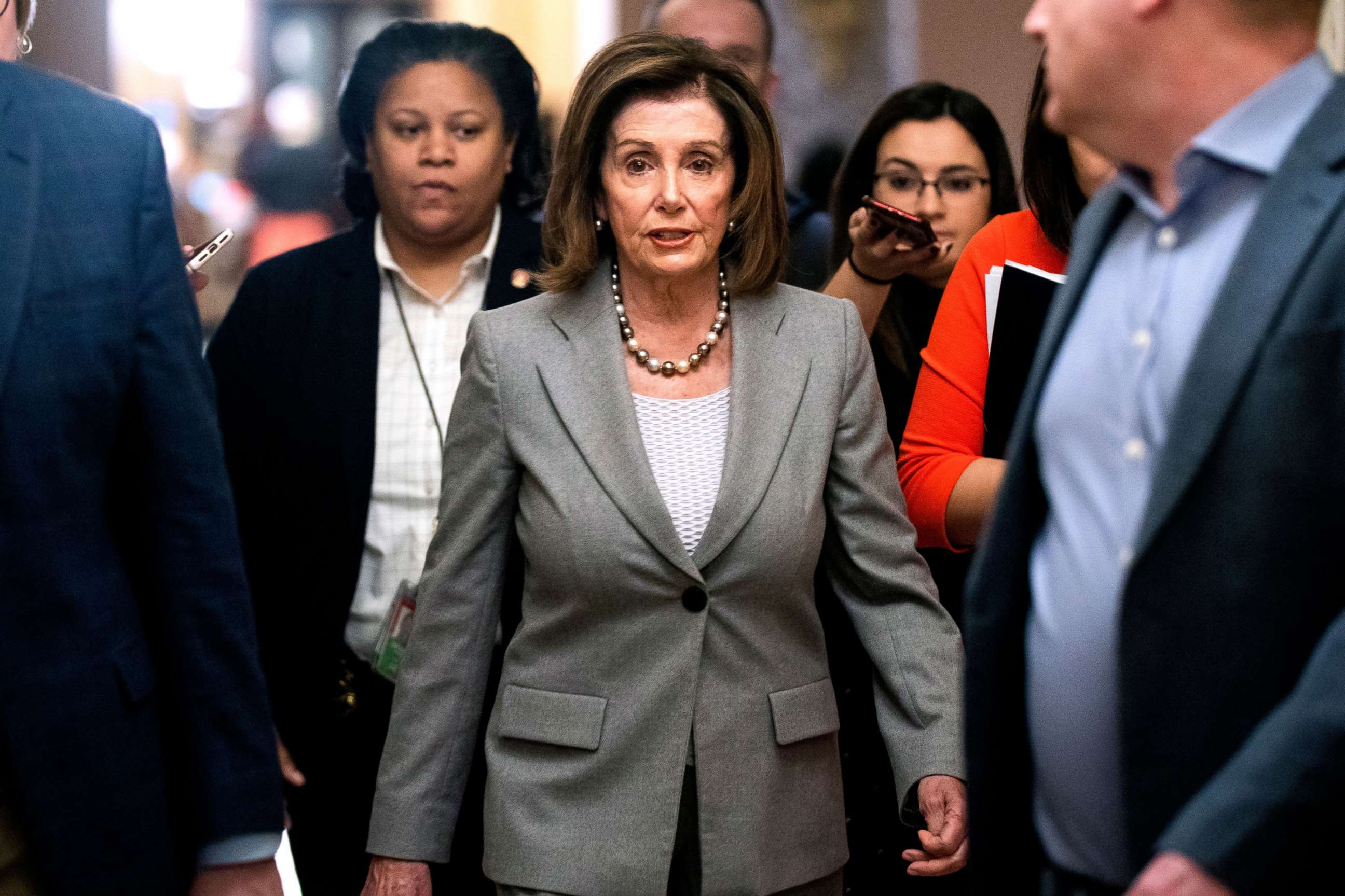 PHOTO: Speaker of the House Nancy Pelosi walks off the House floor in the Capitol in Washington, D.C., Jan. 10, 2020.