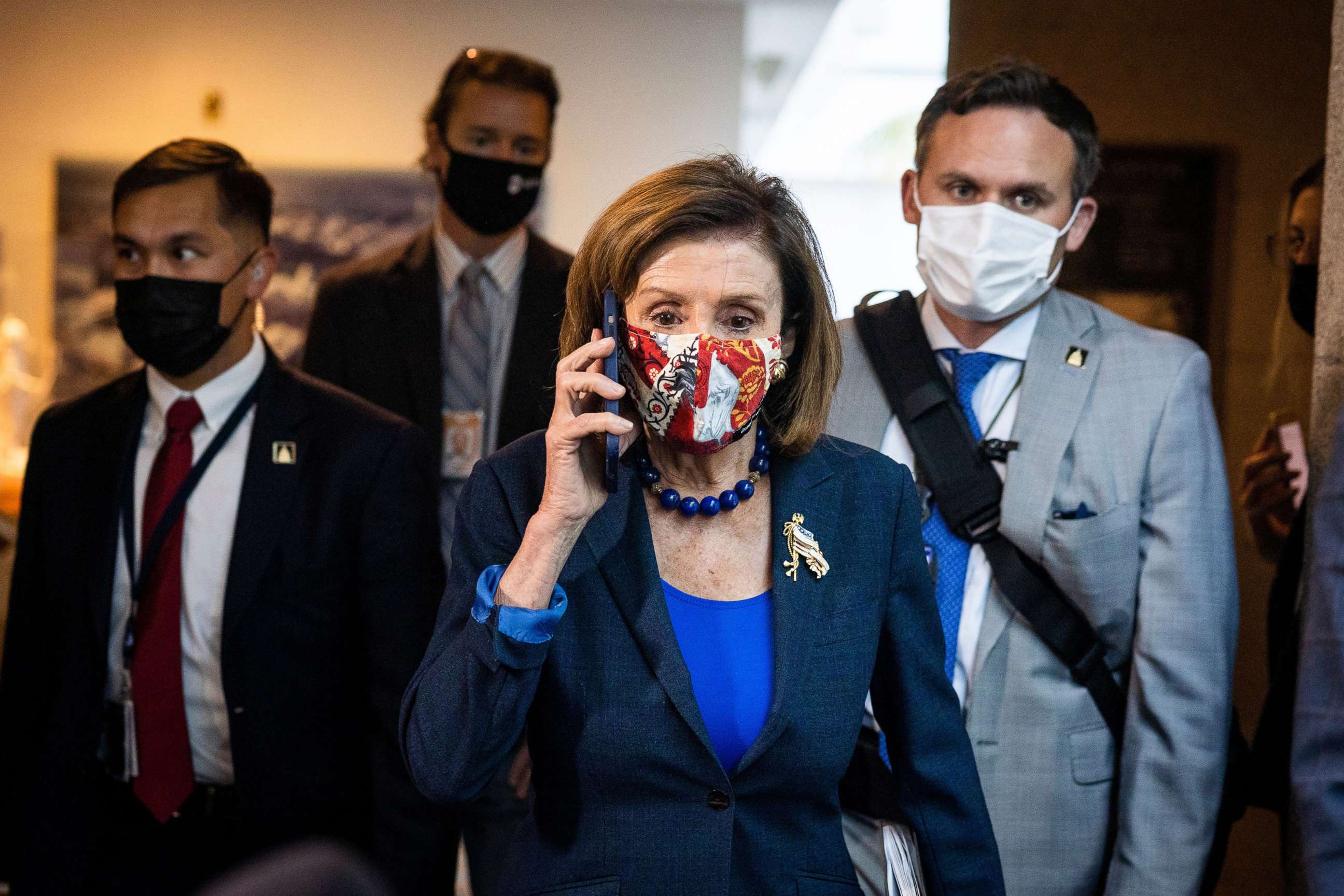 PHOTO: Speaker of the House Nancy Pelosi walks to a House caucus meeting in the US Capitol in Washington, Oct. 2021.