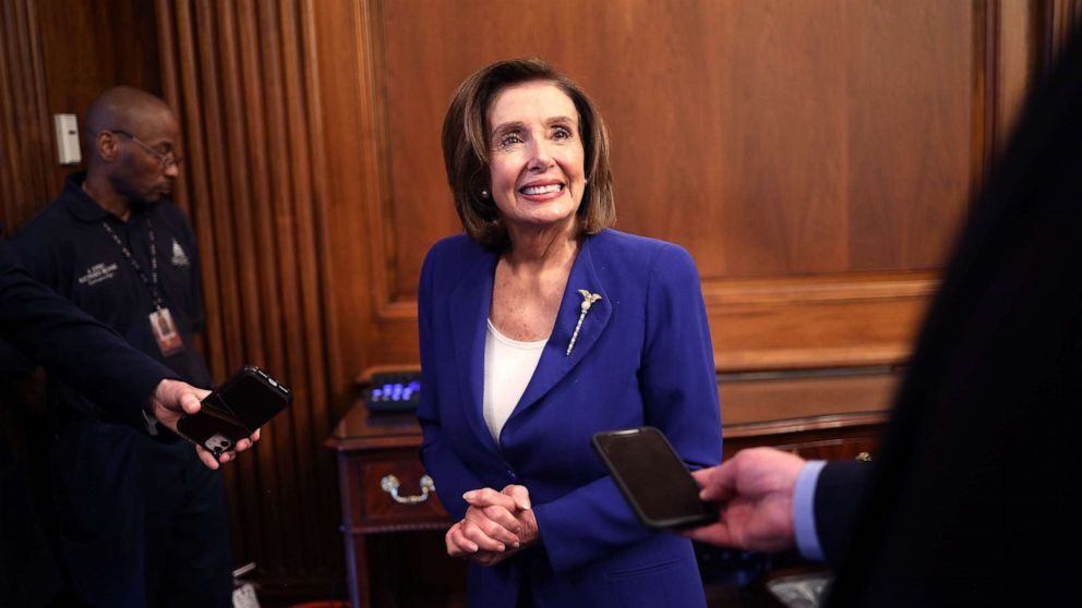 PHOTO: Speaker of the House Nancy Pelosi discusses the stimulus bill known as the CARES Act after the bill was passed at the U.S. Capitol on March 27, 2020 in Washington, D.C. 