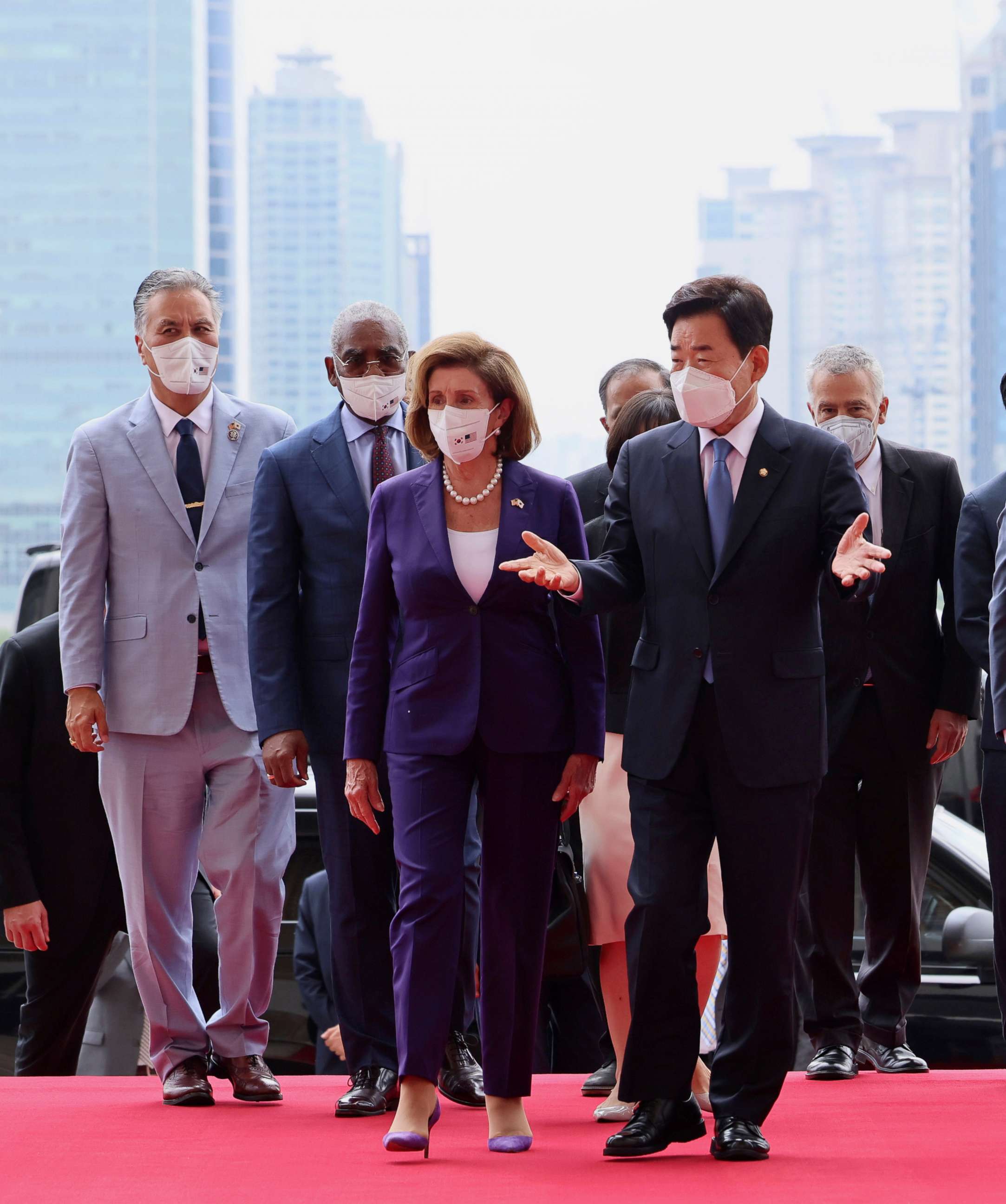 PHOTO: U.S. House Speaker Nancy Pelosi, third from left, is escorted by South Korean National Assembly Speaker Kim Jin Pyo, front right, upon her arrival at the National Assembly in Seoul, South Korea Aug. 4, 2022.
