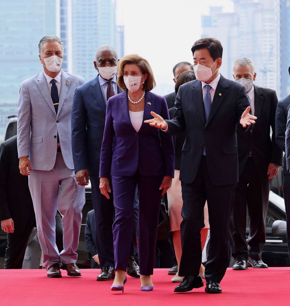 PHOTO: U.S. House Speaker Nancy Pelosi, third from left, is escorted by South Korean National Assembly Speaker Kim Jin Pyo, front right, upon her arrival at the National Assembly in Seoul, South Korea Aug. 4, 2022.