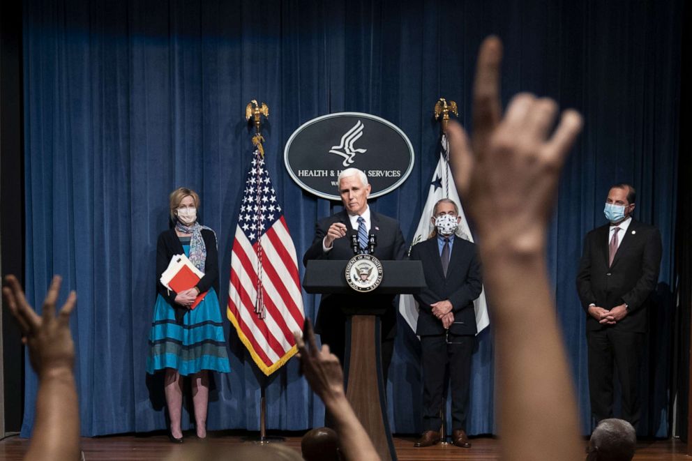 PHOTO: Vice President Mike Pence takes a question after leading a White House Coronavirus Task Force briefing at the Department of Health and Human Services, in Washington, June 26, 2020.