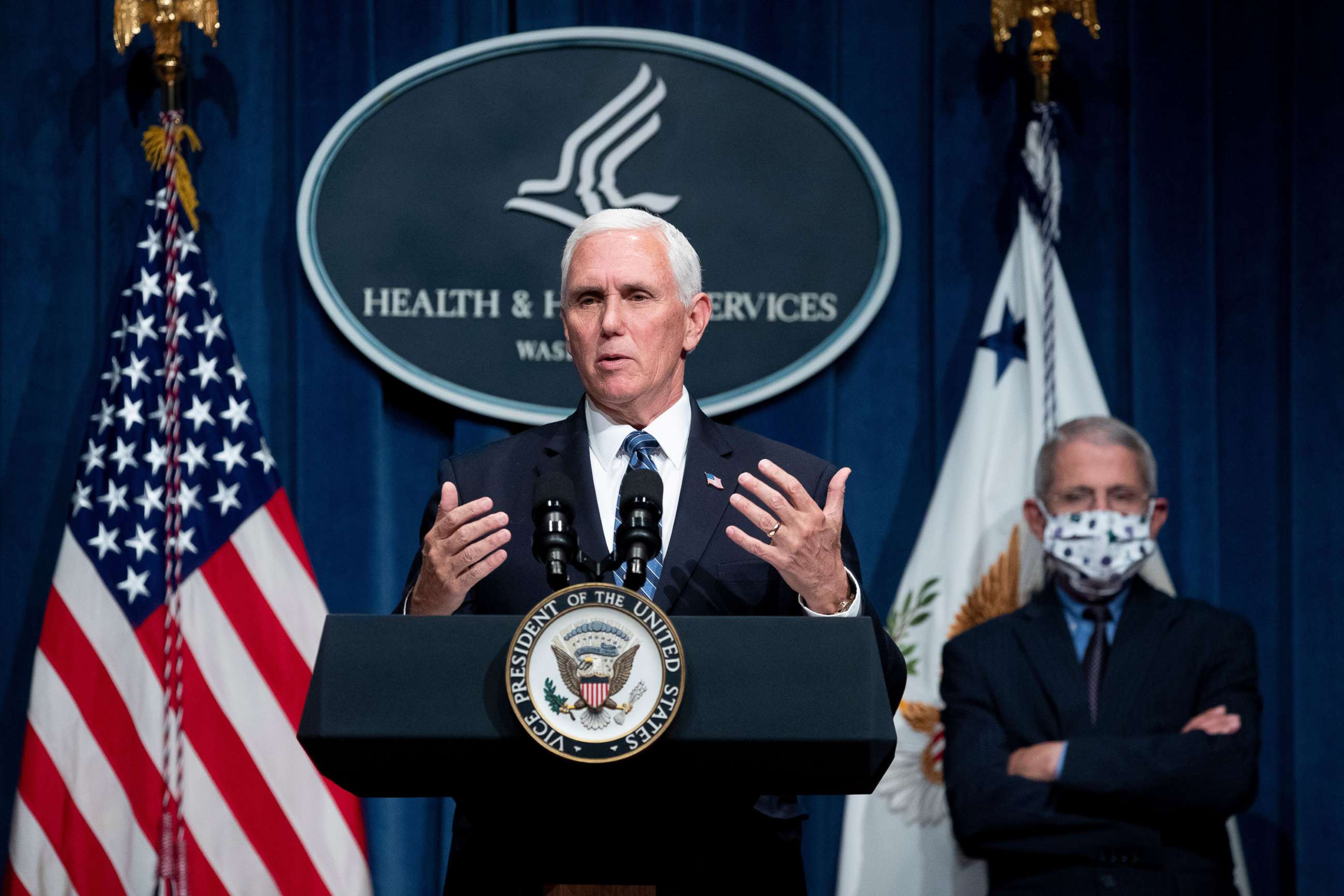 Vice President Mike Pence participates in a White House Coronavirus Task Force briefing as National Institute of Allergy and Infectious Diseases Director Anthony Fauci looks on at the Department of Health and Human Services in Washington, June 26, 2020.