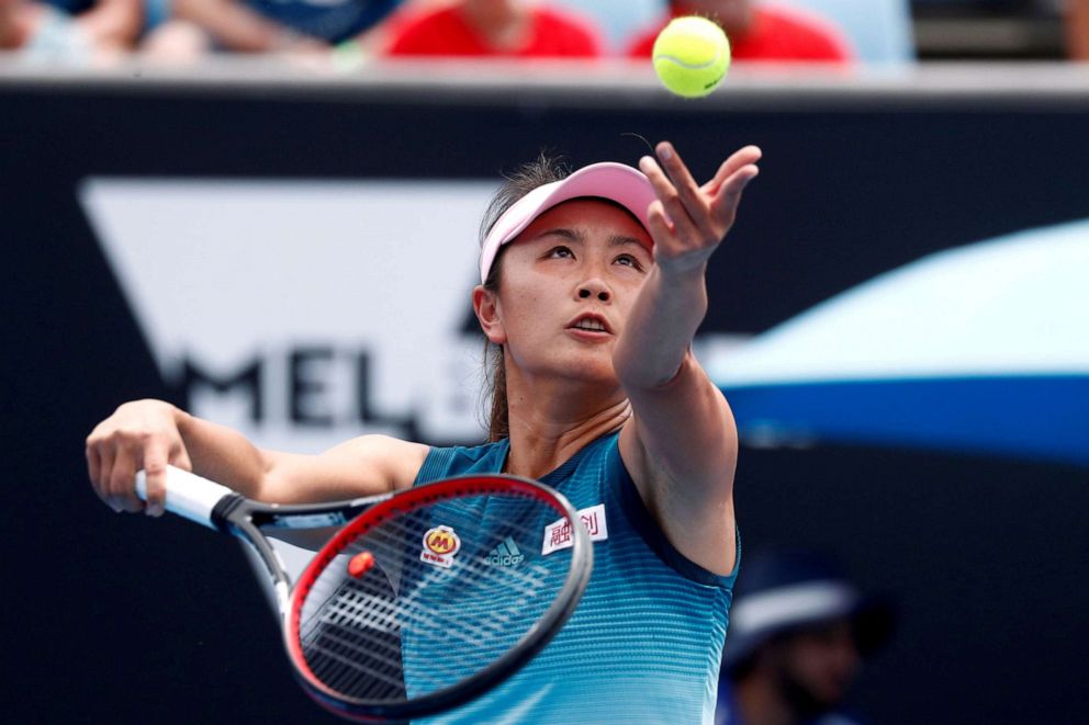 PHOTO: In this Jan. 15, 2019, file photo, Peng Shuai serves during a match at the Australian Open in Melbourne, Australia.