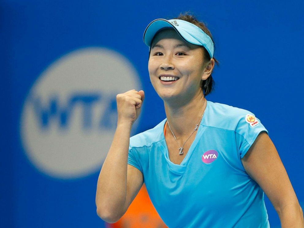 PHOTO: In this Feb. 4, 2017, file photo, Peng Shuai of China celebrates after defeating Lucie Safarova of Czech Republic during the women's singles semi-final match of the Taiwan Open Tennis Tournament in Taipei, Taiwan.