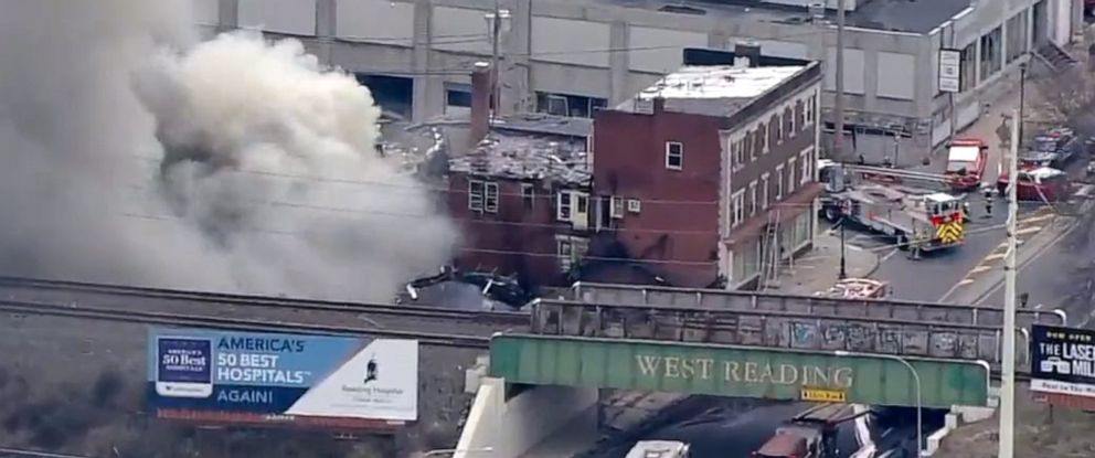 PHOTO: Fire crews respond to the RM Palmer Chocolate factory in West Reading, Penn., March 24, 2023.