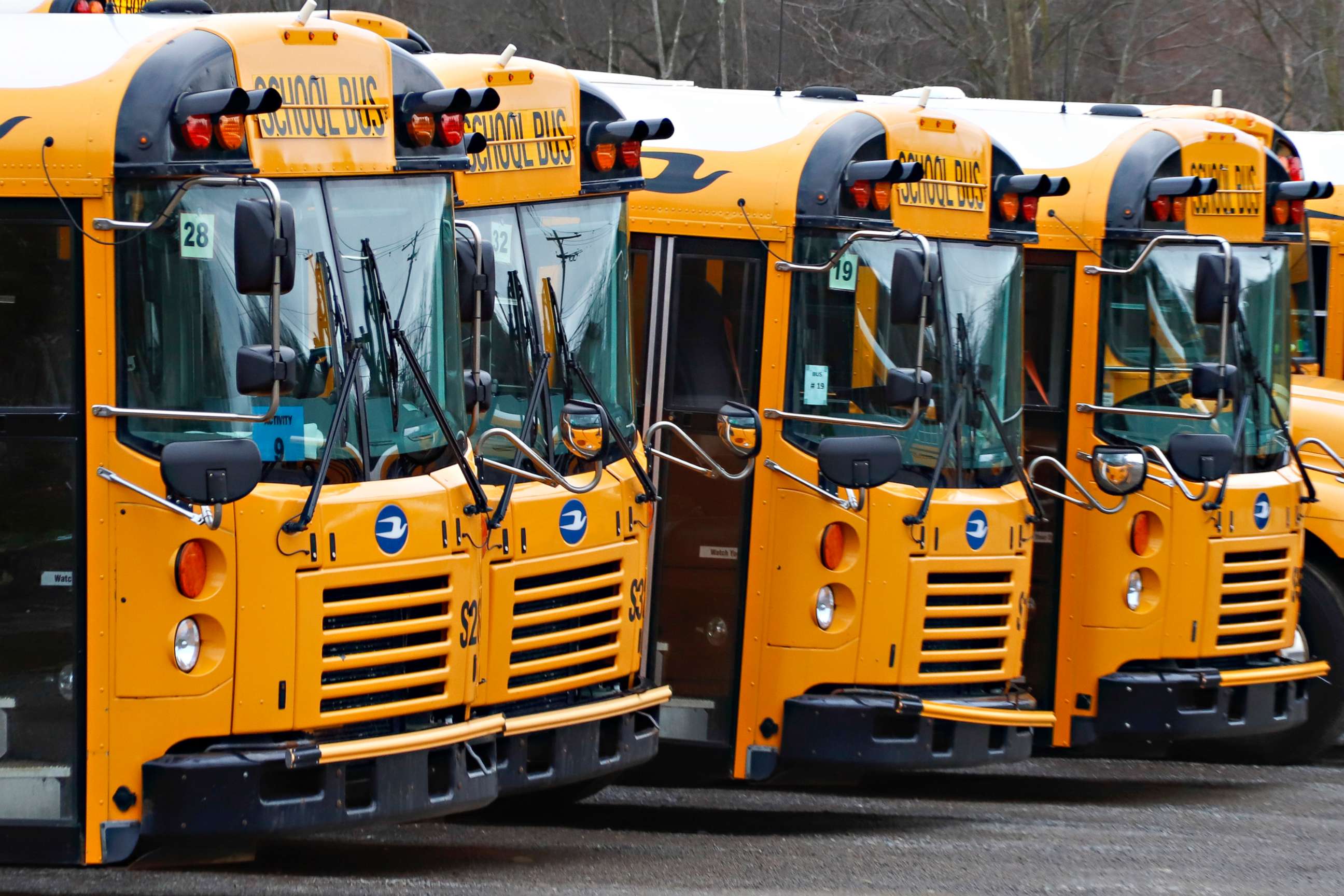 PHOTO: Parked school buses are idled during school closings due to the COVID-19 and coronavirus outbreak, March 30, 2020, in Zelienople, Pa. 