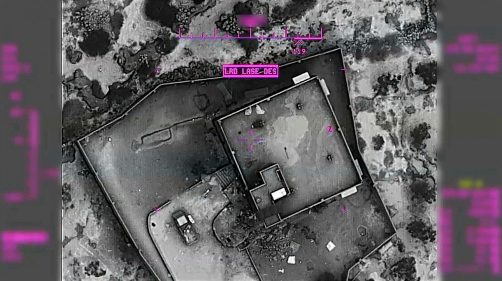 PHOTO: An image from video released by the DoD on Oct. 30, 2019, shows an image from a remotely piloted aircraft shows the compound of Islamic State leader Abu Bakr al-Baghdadi after the raid and moments before it was destroyed on Oct. 26, 2019.