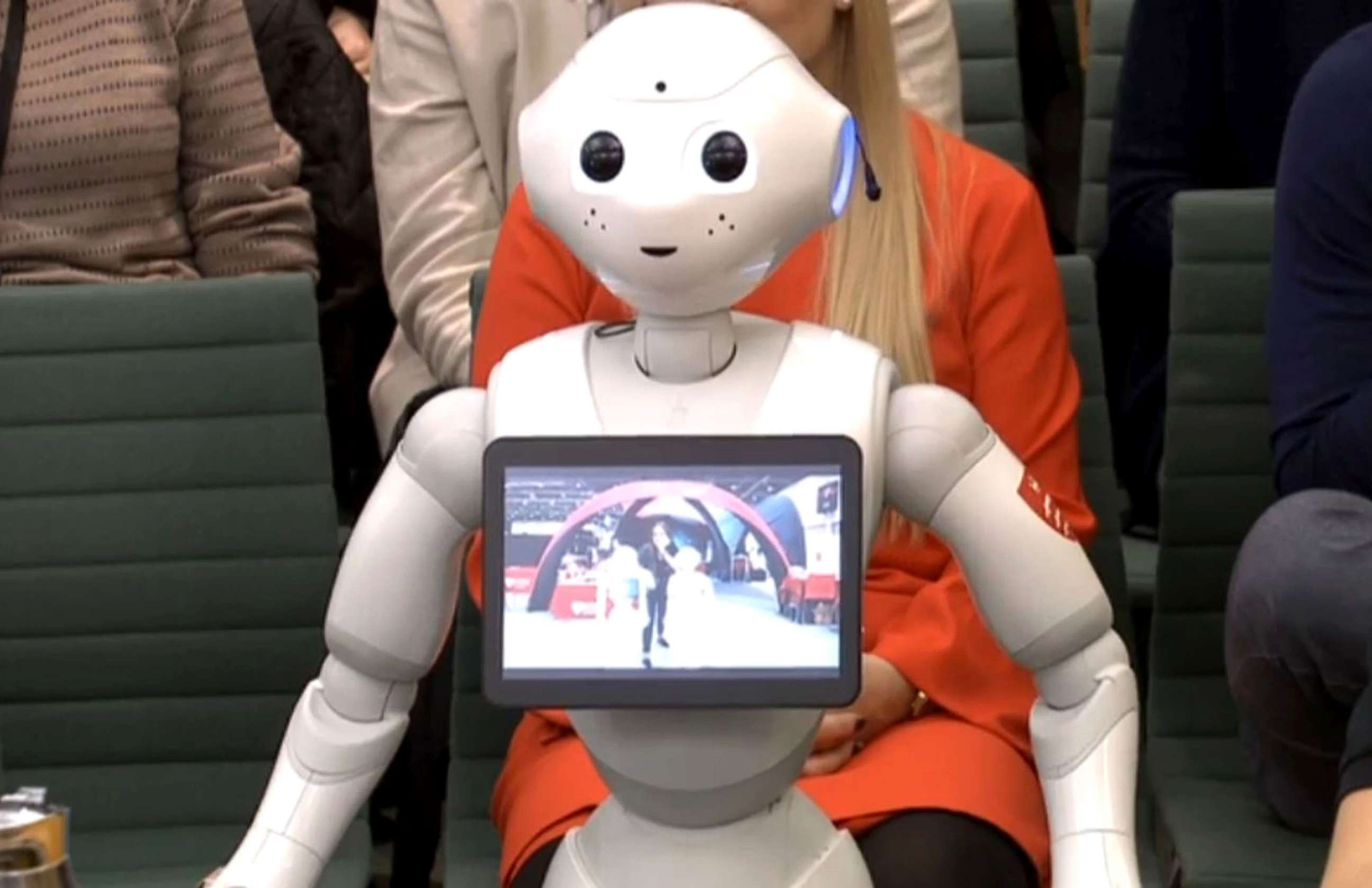 PHOTO: Video still of Pepper the robot, appearing before a select committee for the first time, to answer questions about the fourth industrial revolution in London, Oct. 16, 2018.