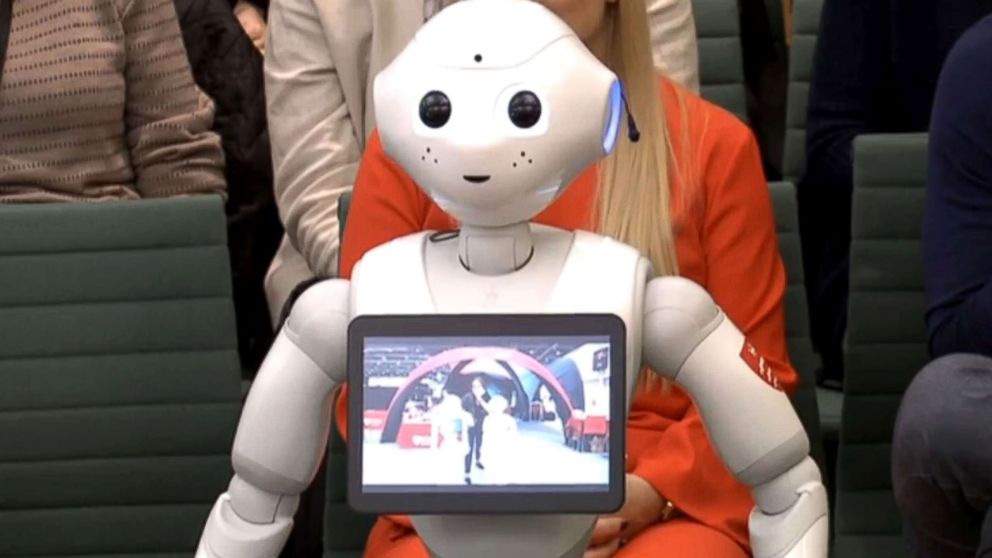 PHOTO: Video still of Pepper the robot, appearing before a select committee for the first time, to answer questions about the fourth industrial revolution in London, Oct. 16, 2018.