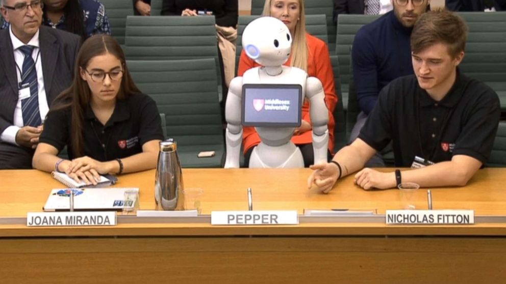 PHOTO: Video still of Pepper the robot, appearing before a select committee for the first time, to answer questions about the fourth industrial revolution in London, Oct. 16, 2018.