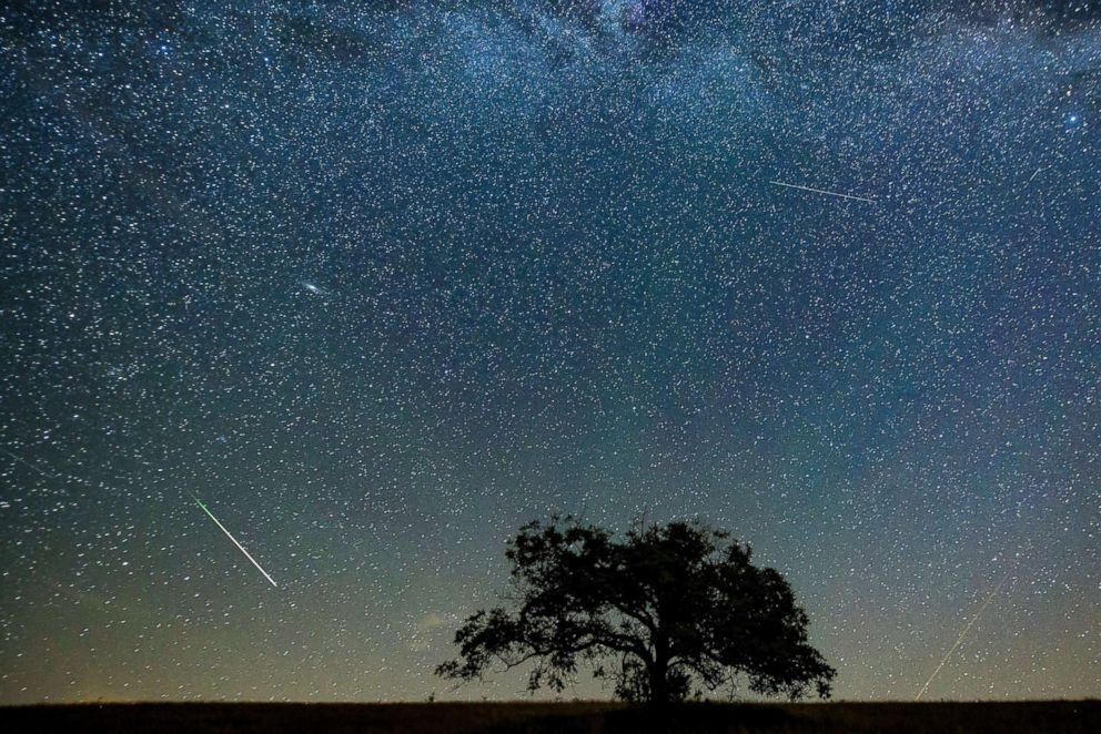 PHOTO: A meteor streaks through the sky during the Perseid meteor shower above the village of Hajnacka in Slovakia, Aug. 13, 2018.