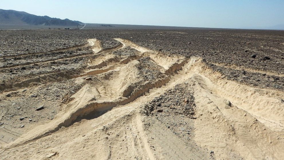 PHOTO: Damage inflicted by a truck that illegally entered over a sector of the ancient geoglyphs of the Nazca Lines, a World Heritage Site, in southern Peru, is pictured in a handout photo released by the Peruvian Ministry of Culture, Jan. 27, 2018.
