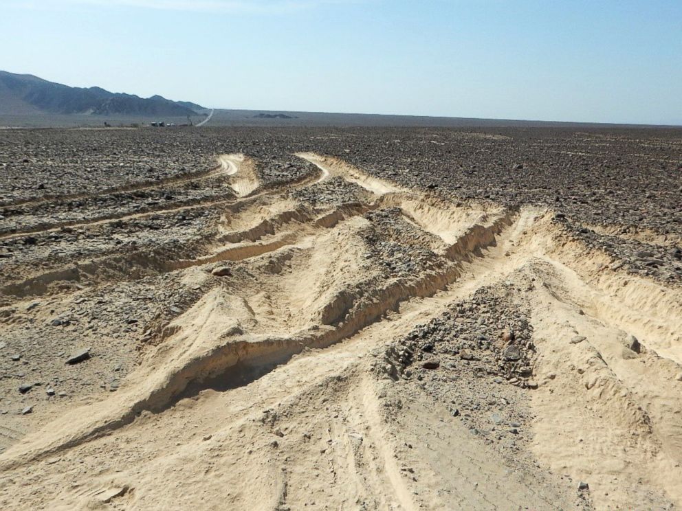 PHOTO: Damage inflicted by a truck that illegally entered over a sector of the ancient geoglyphs of the Nazca Lines, a World Heritage Site, in southern Peru, is pictured in a handout photo released by the Peruvian Ministry of Culture, Jan. 27, 2018.