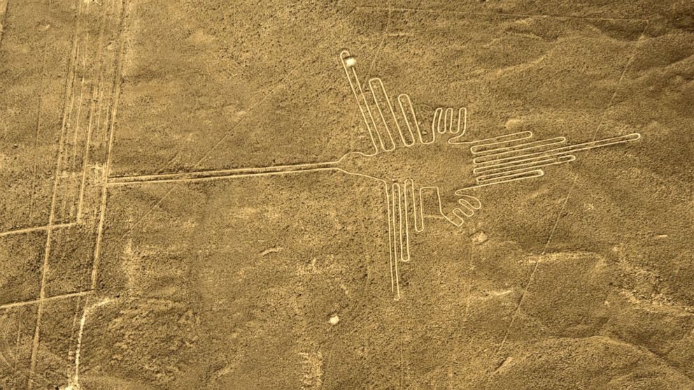 PHOTO: An aerial view of the Hummingbird, one of the most well-preserved figures (93 meters long) at Nazca Lines, in Peru, Dec. 11, 2014.