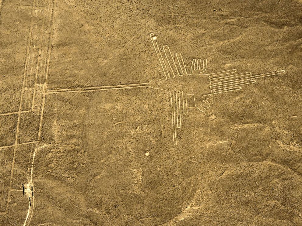 PHOTO: An aerial view of the Hummingbird, one of the most well-preserved figures (93 meters long) at Nazca Lines, in Peru, Dec. 11, 2014.