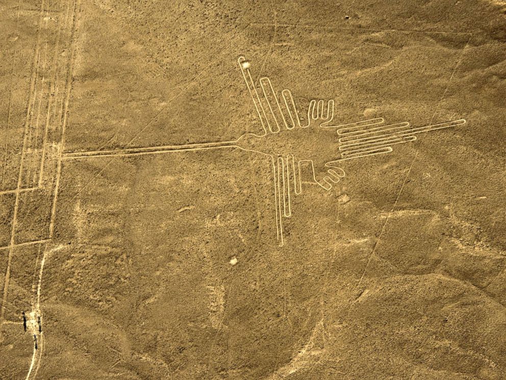 PHOTO: An aerial view of the Hummingbird, one of the most well-preserved figures (93 meters long) at Nazca Lines, in Peru, Dec. 11, 2014.