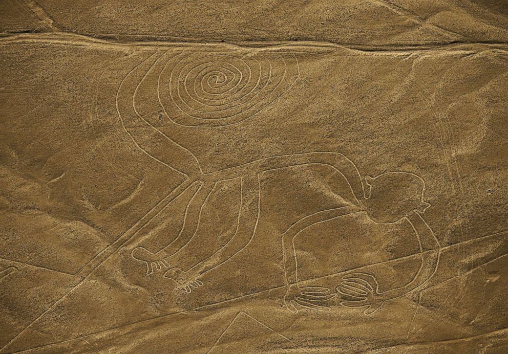 PHOTO: An aerial view of the monkey geoglyph in the Nazca desert, in southern Peru is pictured in this Dec. 11, 2014 file photo.
