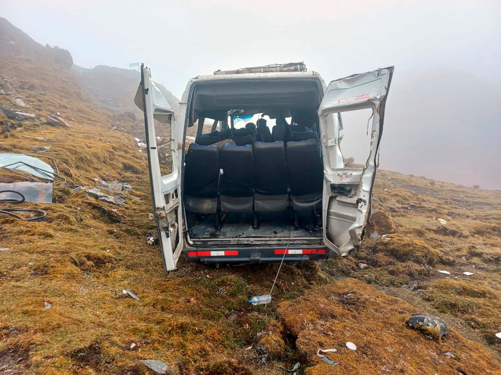 PHOTO: In this photo released by the National Police, a van lays in ruins after it fell off a cliff in an area known as Abra Malaga, as it transported tourists between Machu Picchu and Cuzco, Peru, Aug. 22, 2022.