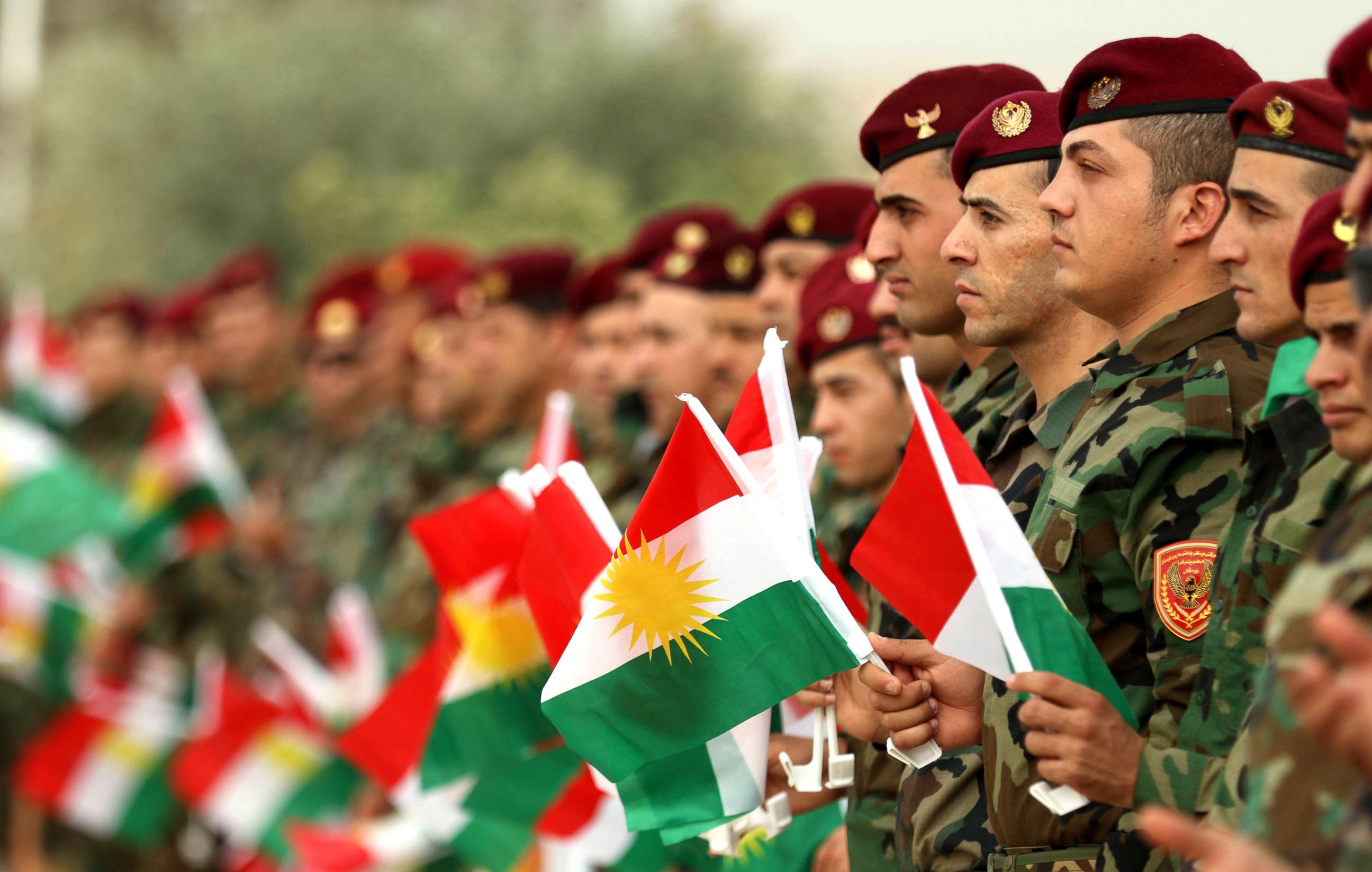 PHOTO: Iraqi Kurdish peshmergas take part in a gathering to urge people to vote in the upcoming independence referendum in Arbil, the capital of the autonomous Kurdish region of northern Iraq, on Sept. 20, 2017. 

