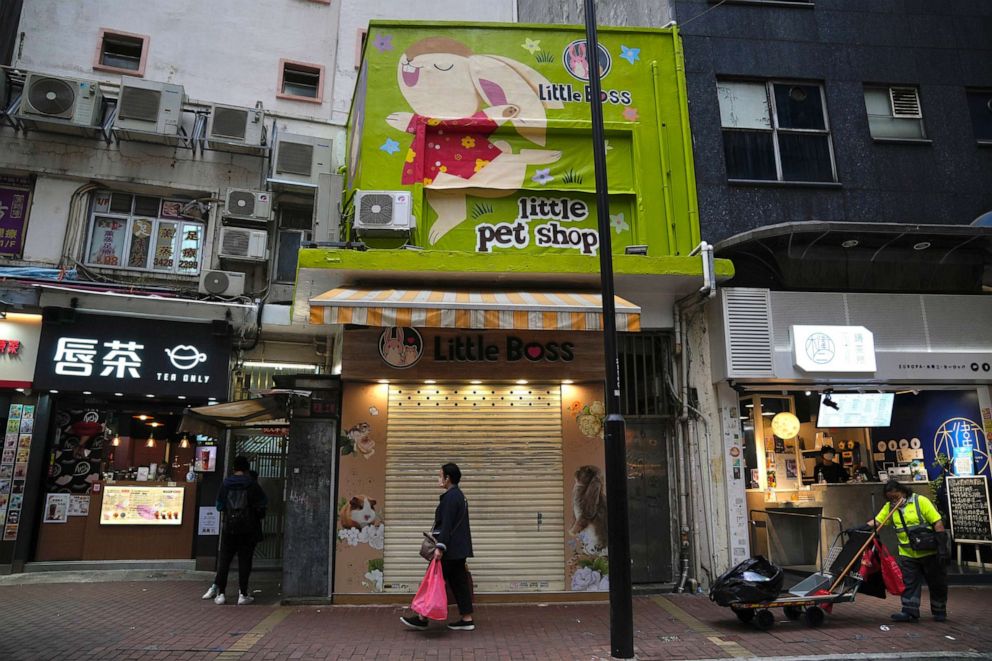 PHOTO: A pet shop is seen closed in Hong Kong's Causeway Bay shopping district on Jan. 18, 2022, after authorities said an employee and several hamsters tested positive for COVID-19.