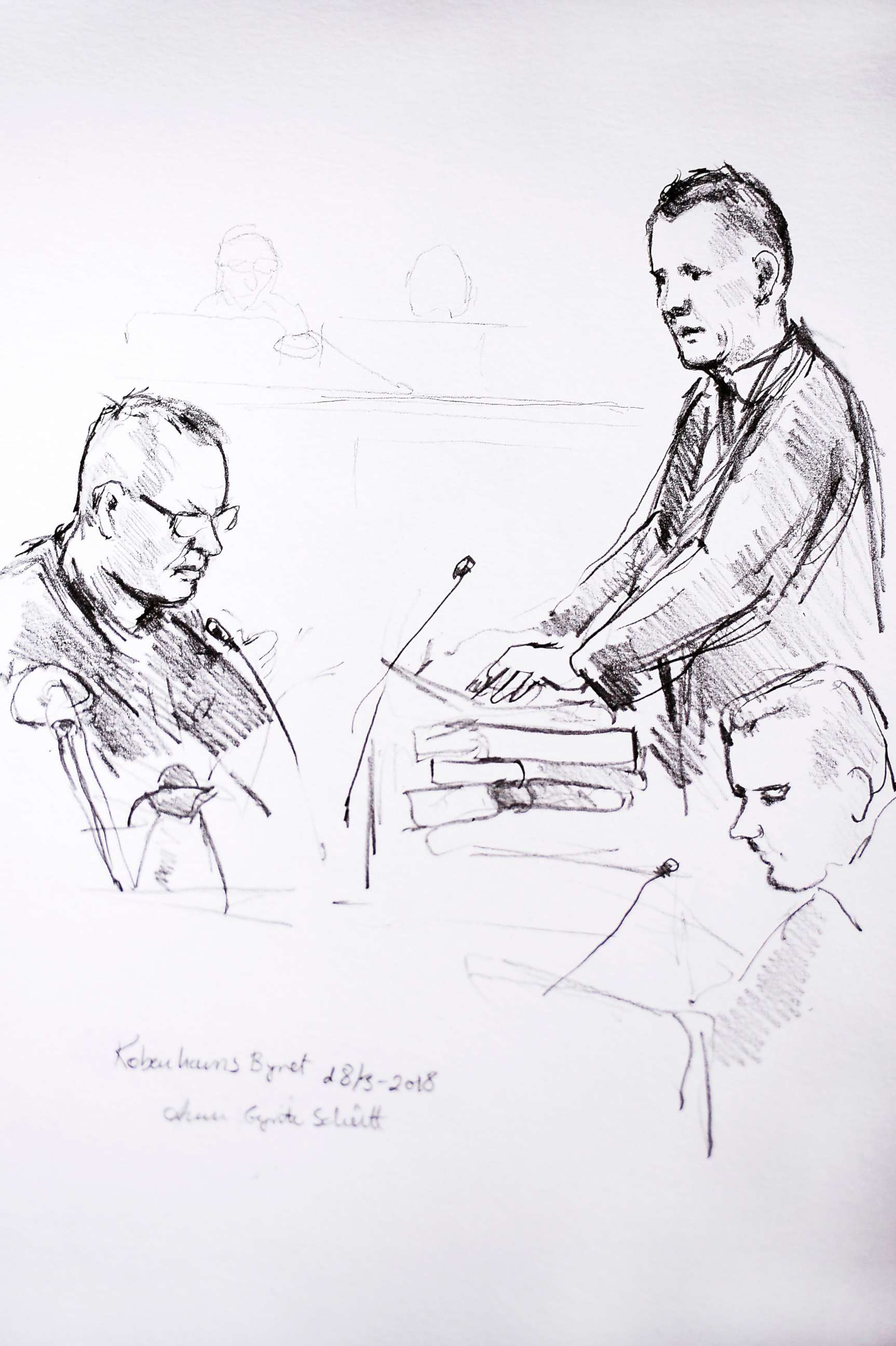 PHOTO: Court drawing by Anne Gyrite Schuett made available by Danish news agency Ritzau SCANPIX shows accused Peter Madsen (L) and the prosecutor Jakob Buch-Jepsen (standing) on the first day of the trial at the courthouse in Copenhagen, March 8, 2018. 
