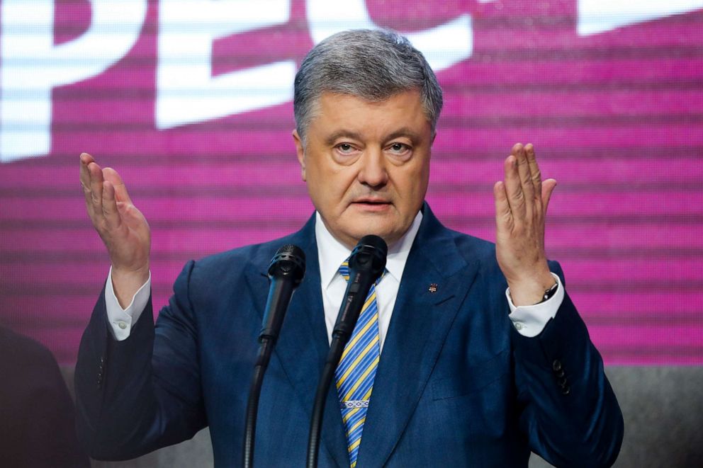 PHOTO: Ukrainian President Petro Poroshenko gestures while speaking at his headquarters after the second round of presidential elections in Kiev, Ukraine, April 21, 2019. 