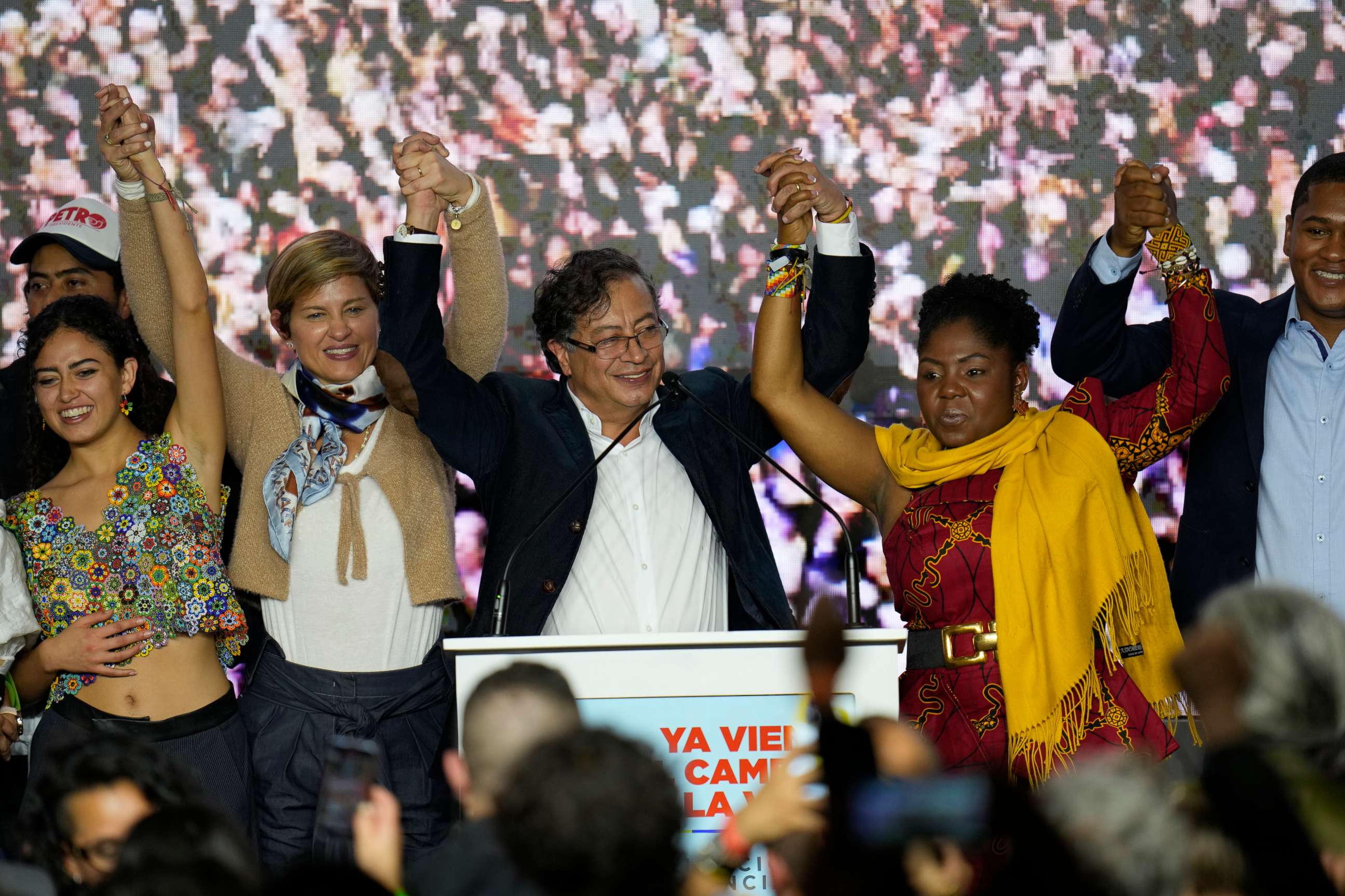 PHOTO: Presidential candidate Gustavo Petro, center, and his running mate Francia Marquez, at his right, of the Historical Pact coalition, in Bogota, Colombia, Sunday, May 29, 2022.