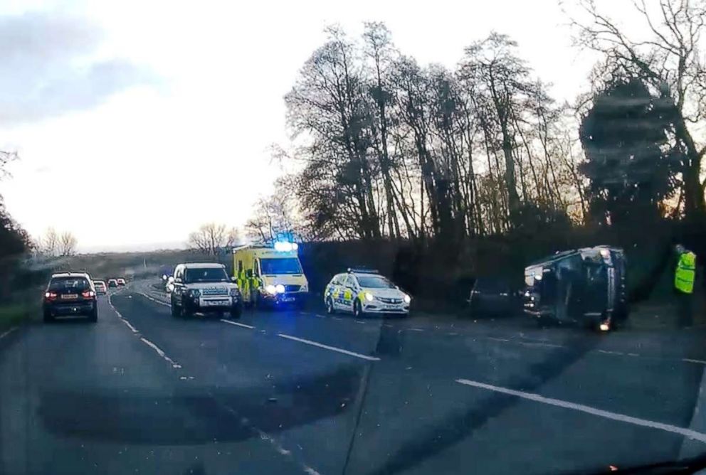 PHOTO: A view of the scene of car crash involving Prince Philip on A149 in Sandringham, Norfolk, Britain, Jan. 17, 2019, in this image obtained from a social media video.    