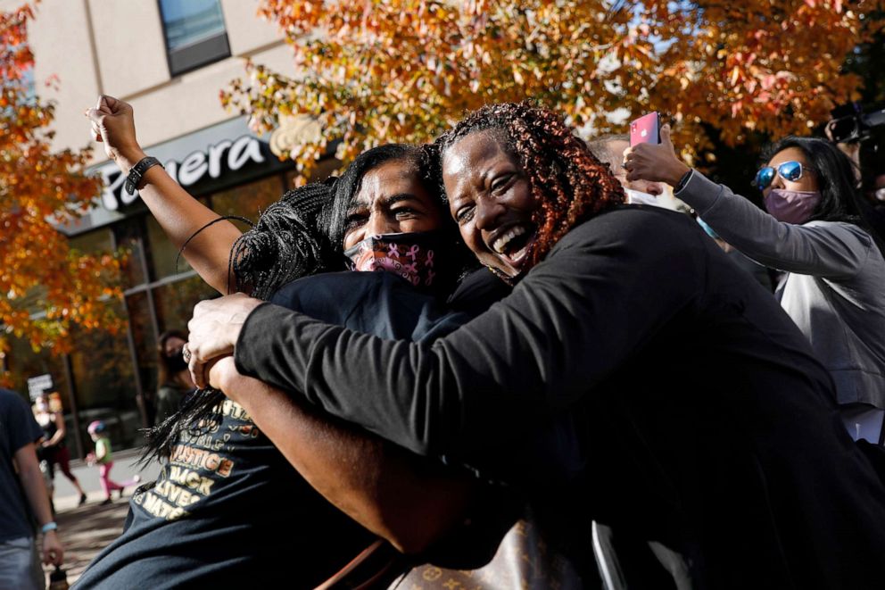 PHOTO: People celebrate Saturday, Nov. 7, 2020, in Philadelphia, after the presidential election was called for Joe Biden.