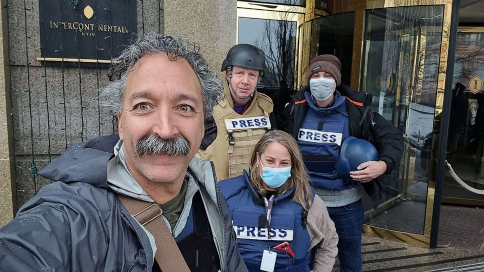 PHOTO: Cameraman Pierre Zakrzewski, left, poses with colleagues at the Kyiv Intercontinental Hotel, in an undated photo courtesy of the Fox News network.