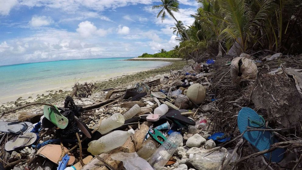 PHOTO: Plastic debris washed up on a beach on Cocos Islands, Australia.
