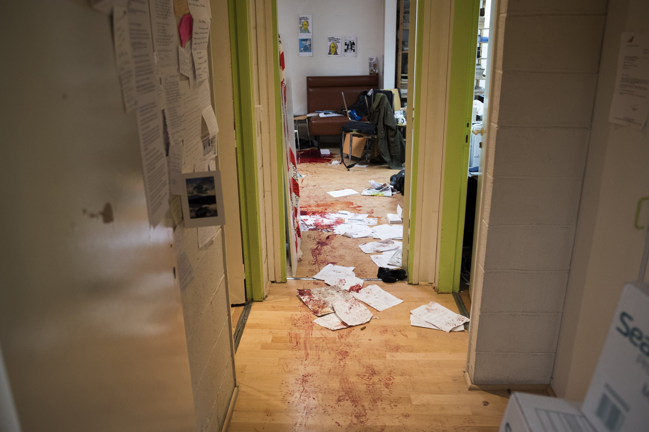 PHOTO: The bloodied floor and desks in the Charlie Hebdo newsroom after gunman entered the office, Jan. 7, 2015. 