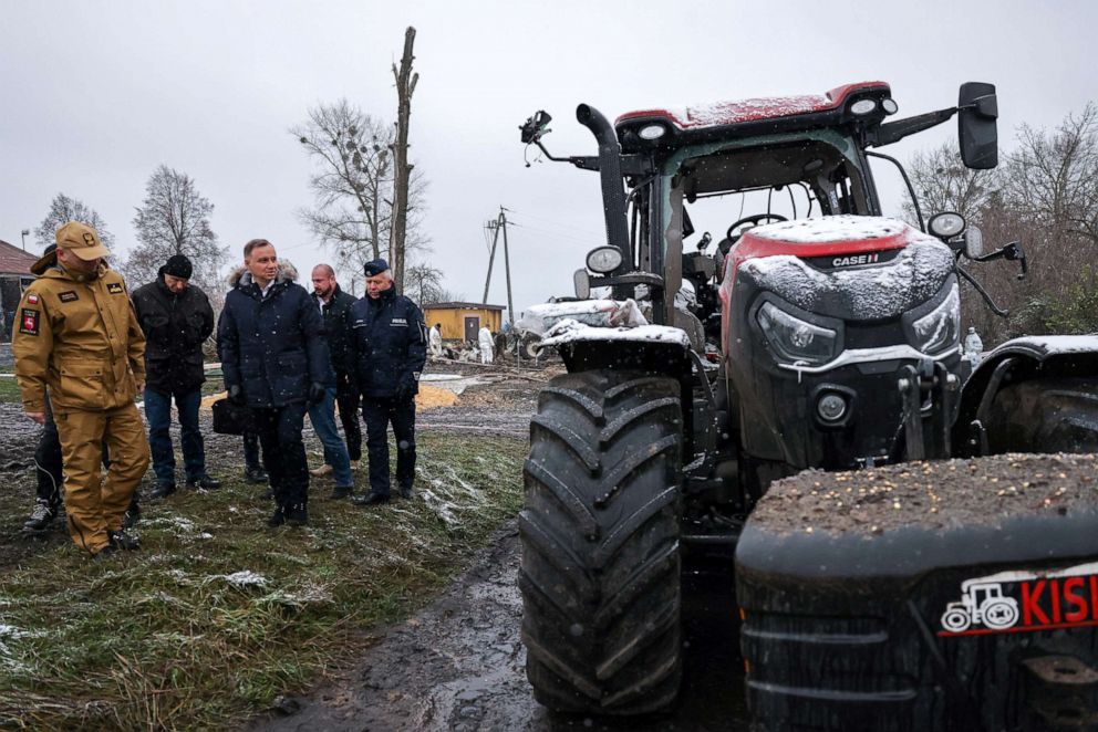 PHOTO: President Andrzej Duda visits the site of an explosion in Przewodow, a village in eastern Poland near the border with Ukraine, Nov. 17, 2022.