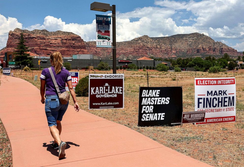 PHOTO: Campaign posters are displayed ahead of Arizona's primary election in Sedona, Ariz., July 23, 2022.