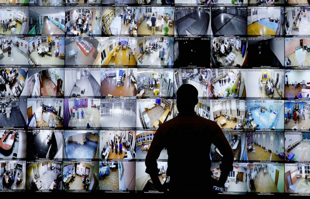 PHOTO: A man looks on a screen showing polling stations, at the headquarters of Russia's Central Election Commission in Moscow, Sept. 19, 2021.