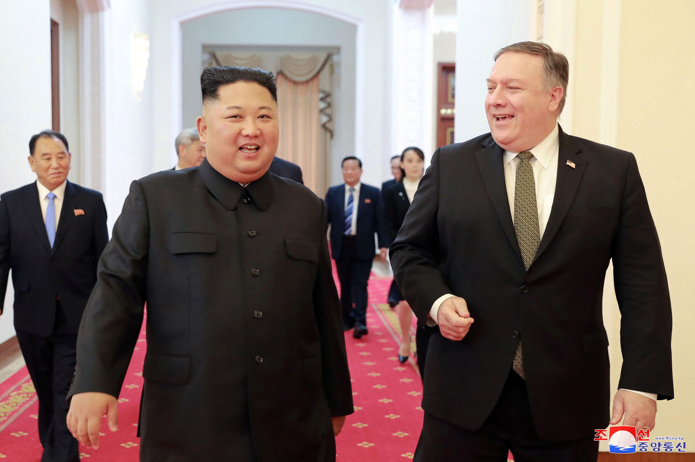 PHOTO: In this photo provided by the North Korean government, North Korean leader Kim Jong Un, center left, and U.S. Secretary of State Mike Pompeo walk together before their meeting in Pyongyang, North Korea, Sunday, Oct. 7, 2018.