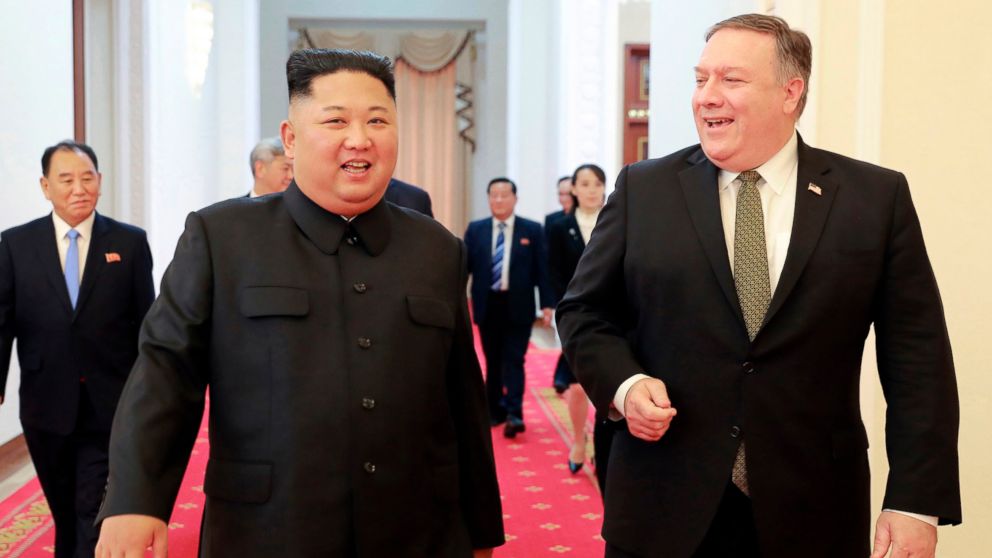 PHOTO: In this photo provided by the North Korean government, North Korean leader Kim Jong Un, center left, and U.S. Secretary of State Mike Pompeo walk together before their meeting in Pyongyang, North Korea, Sunday, Oct. 7, 2018.