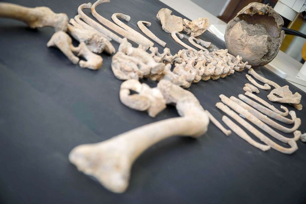 PHOTO: A skeleton of a child found during new excavations in the ruins of Pompeii, Naples, Italy, April 27, 2018.