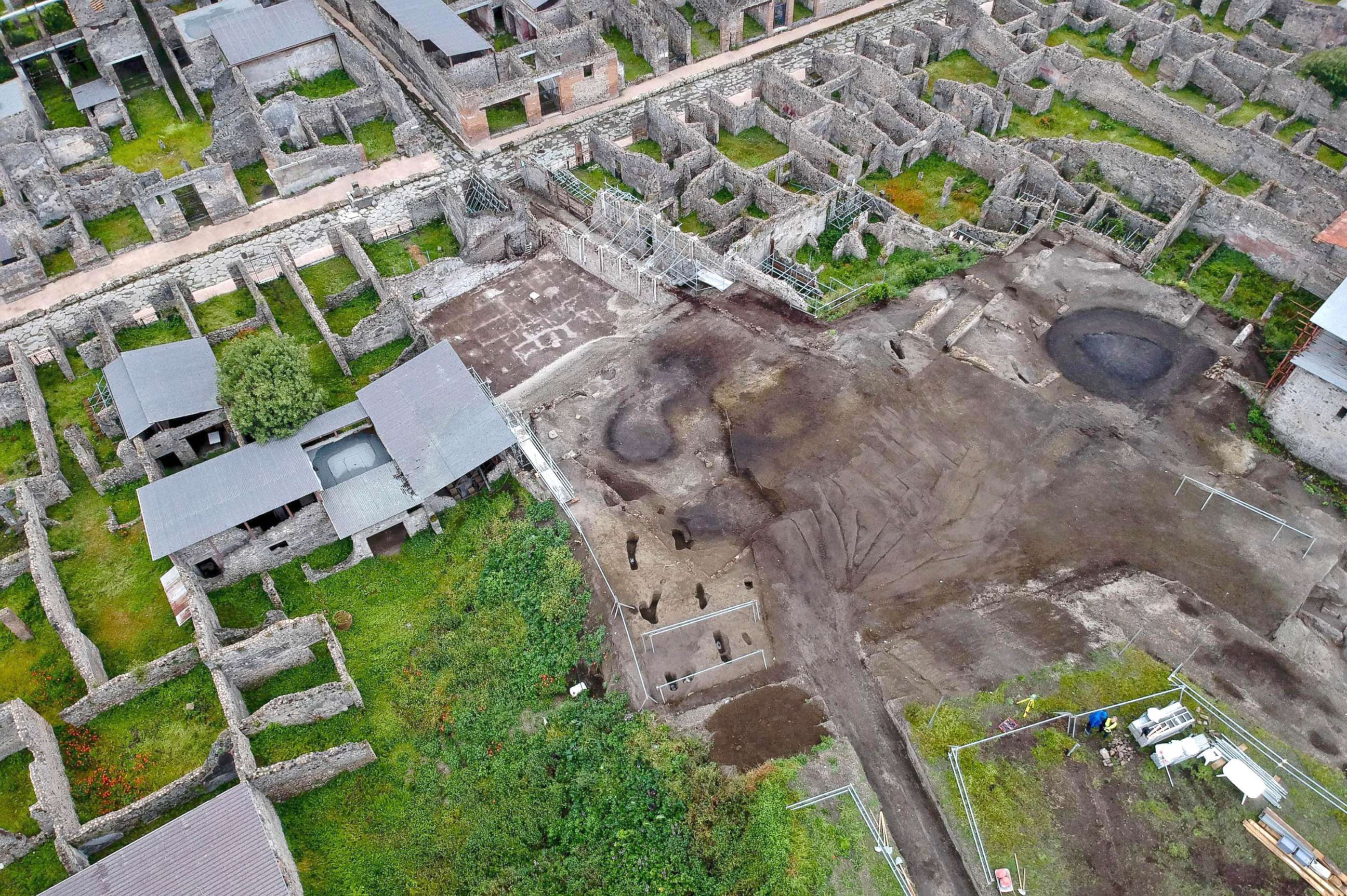 PHOTO: A handout photo made available by The Special Superintendency for the Archaeological Heritage of Naples and Pompeii (SANP) shows aerial view of the excavation works at the archaeological site of Pompeii, in Pompeii, Italy, May 17, 2018.