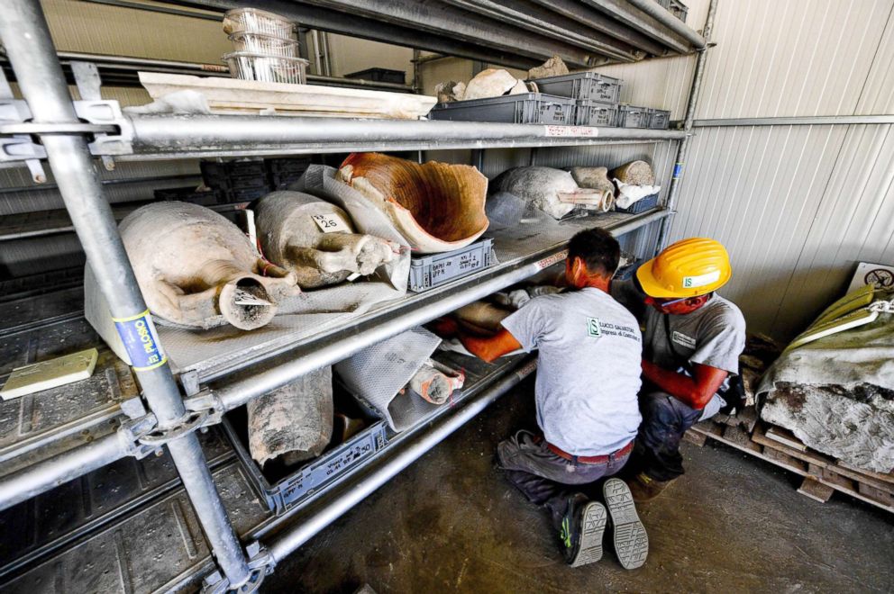 PHOTO: Amphoras recovered during excavation works at the archaeological site of Pompeii, where the 'Vicolo dei Balconi' (Alley of Balconies) was recently uncovered in Pompeii, Italy, May 17, 2018.