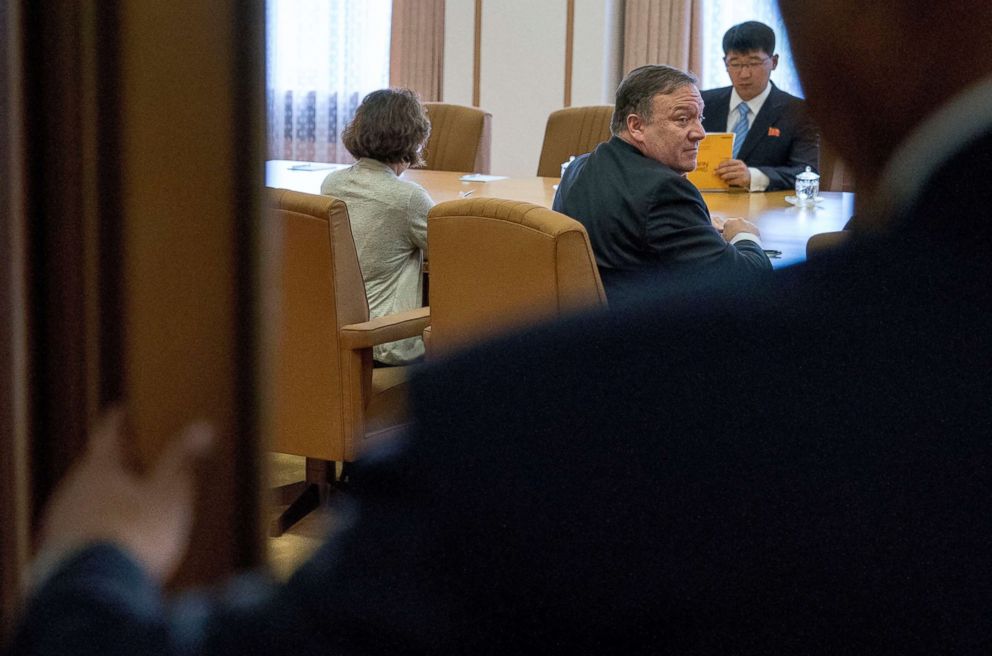 PHOTO: Secretary of State Mike Pompeo, center, returns to a meeting with Kim Yong Chol, a North Korean senior ruling party official and former intelligence chief, at Park Hwa Guest House in Pyongyang, North Korea, July 7, 2018.